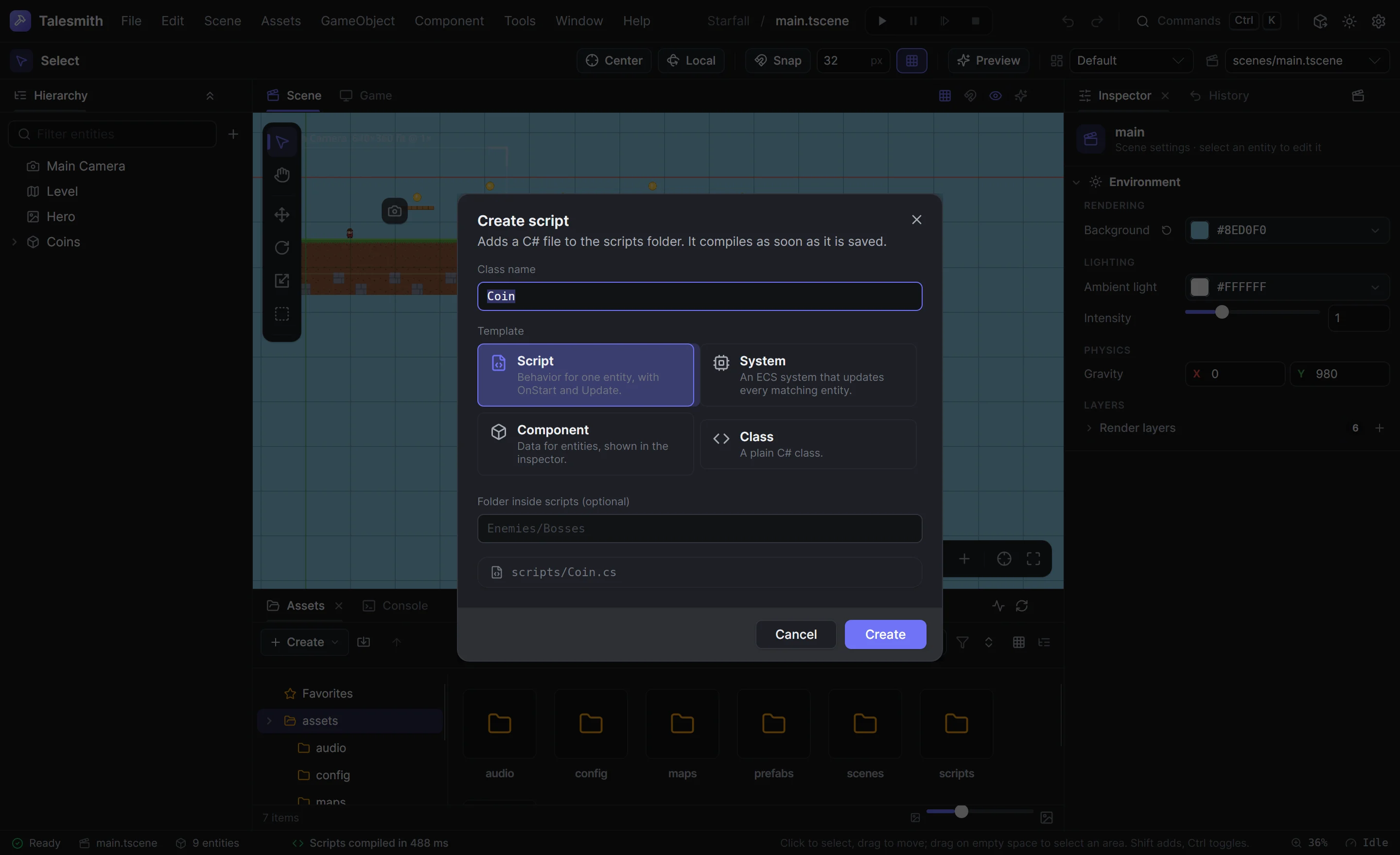 The Create script dialog with the class name Coin, the Script template selected and the file path it will write