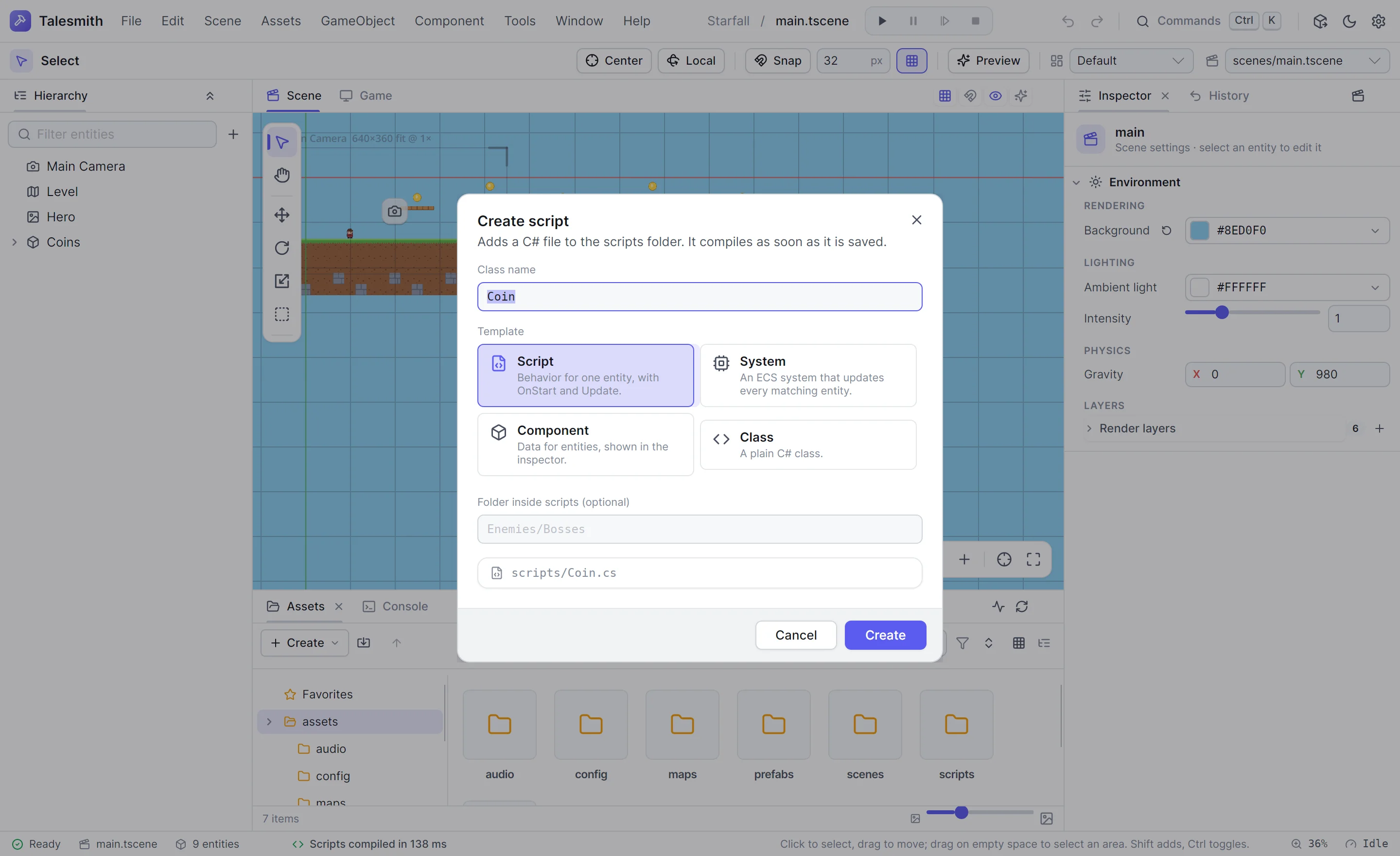 The Create script dialog with the class name Coin, the Script template selected and the file path it will write