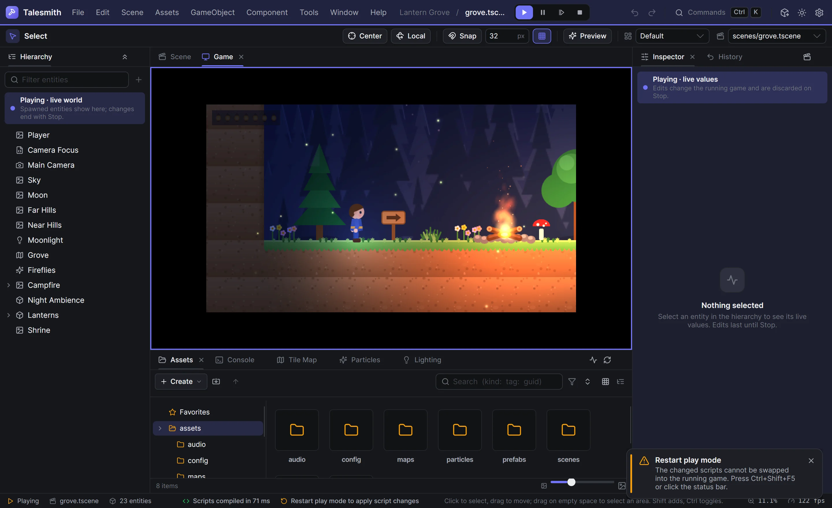 Lantern Grove in play mode with the Restart play mode toast and status bar item after a script was saved