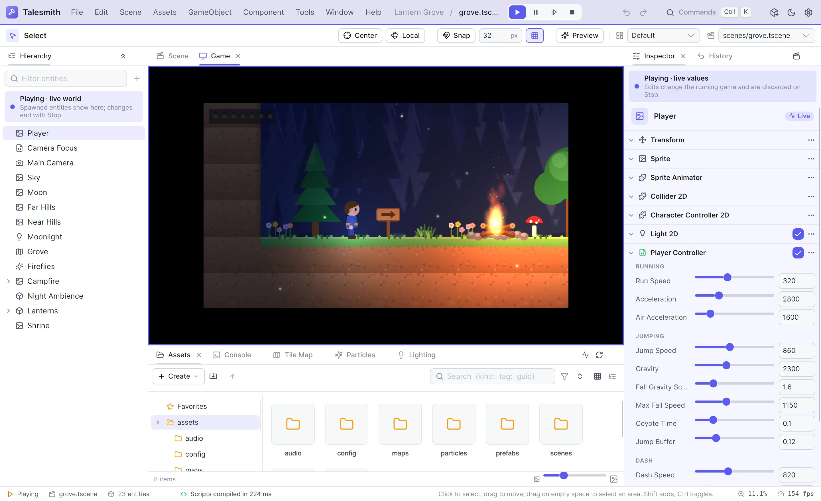 Lantern Grove running in the Game panel, the player in a dark grove lit by lanterns and a campfire, with the Player Controller's live values in the Inspector