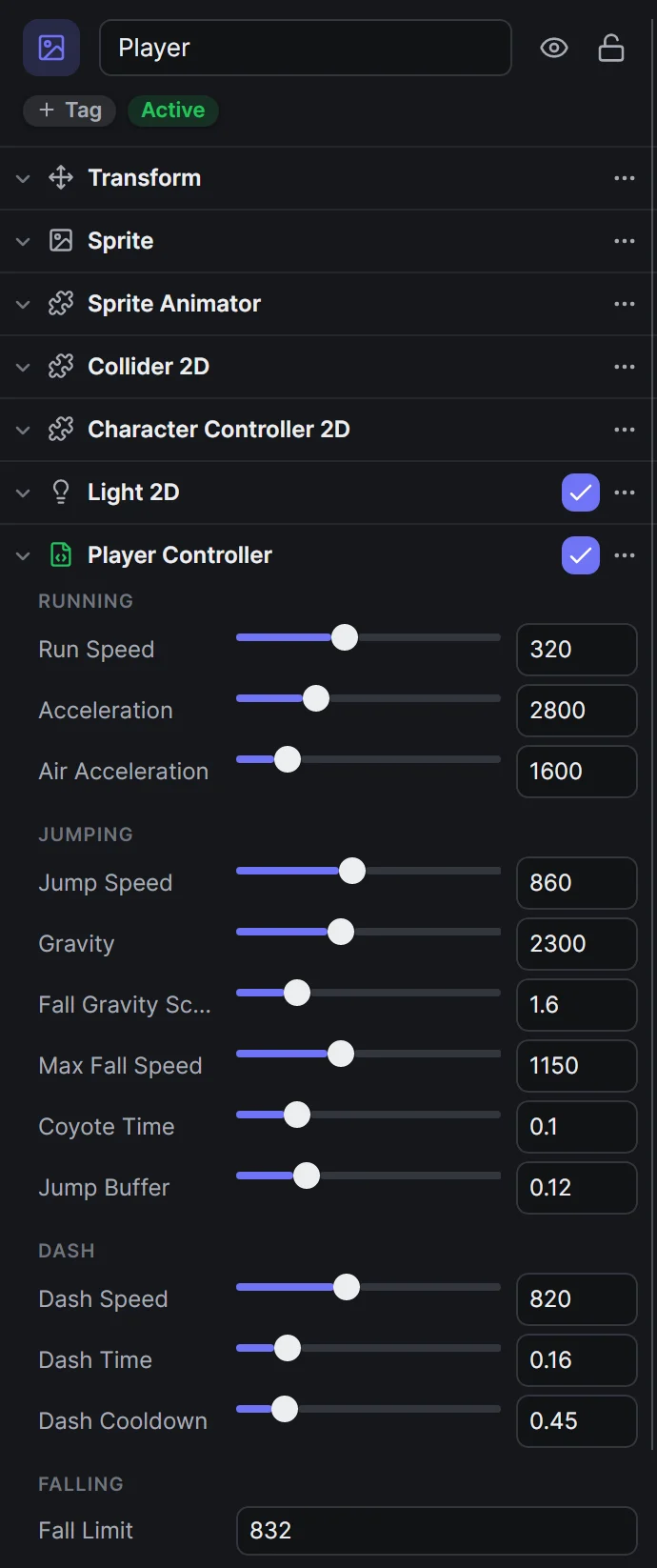The Inspector with Lantern Grove's Player Controller script, its fields grouped under Running, Jumping, Dash and Falling headers with sliders for ranges